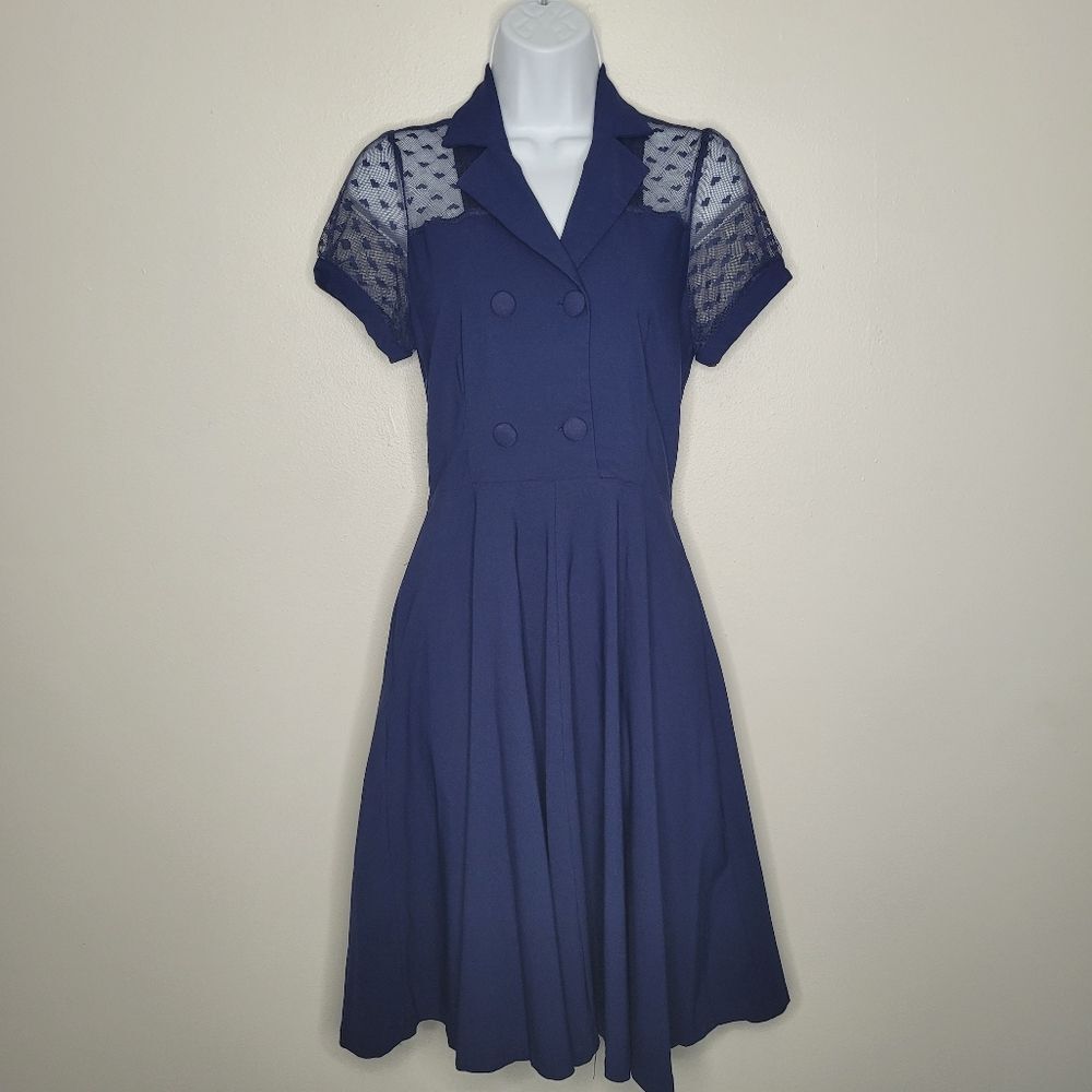 Gown town dark blue stretch retro vintage vibes flirty mesh dress size small